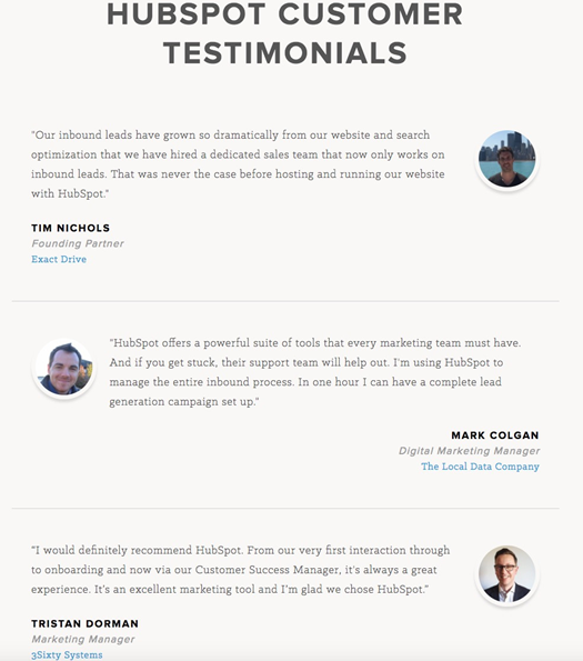 HubSpot的客戶評價頁面突出顯示了客戶積極正面的評價，給新的潛在客戶灌輸對HubSpot的信任。